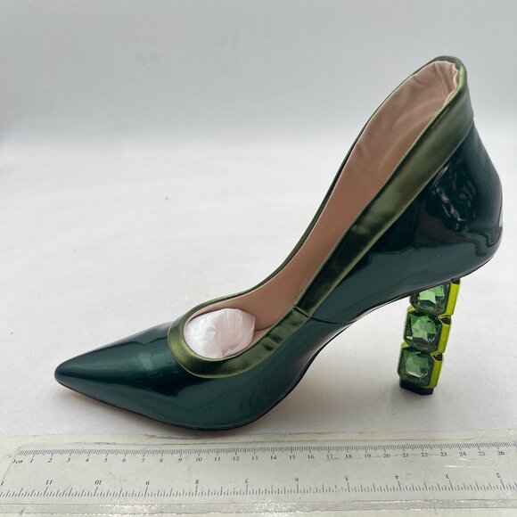 FSJ Green Pointed Toe Slip On Crystal Gorgeous Three Diamonds High Heel Pumps - Picture 2 of 8